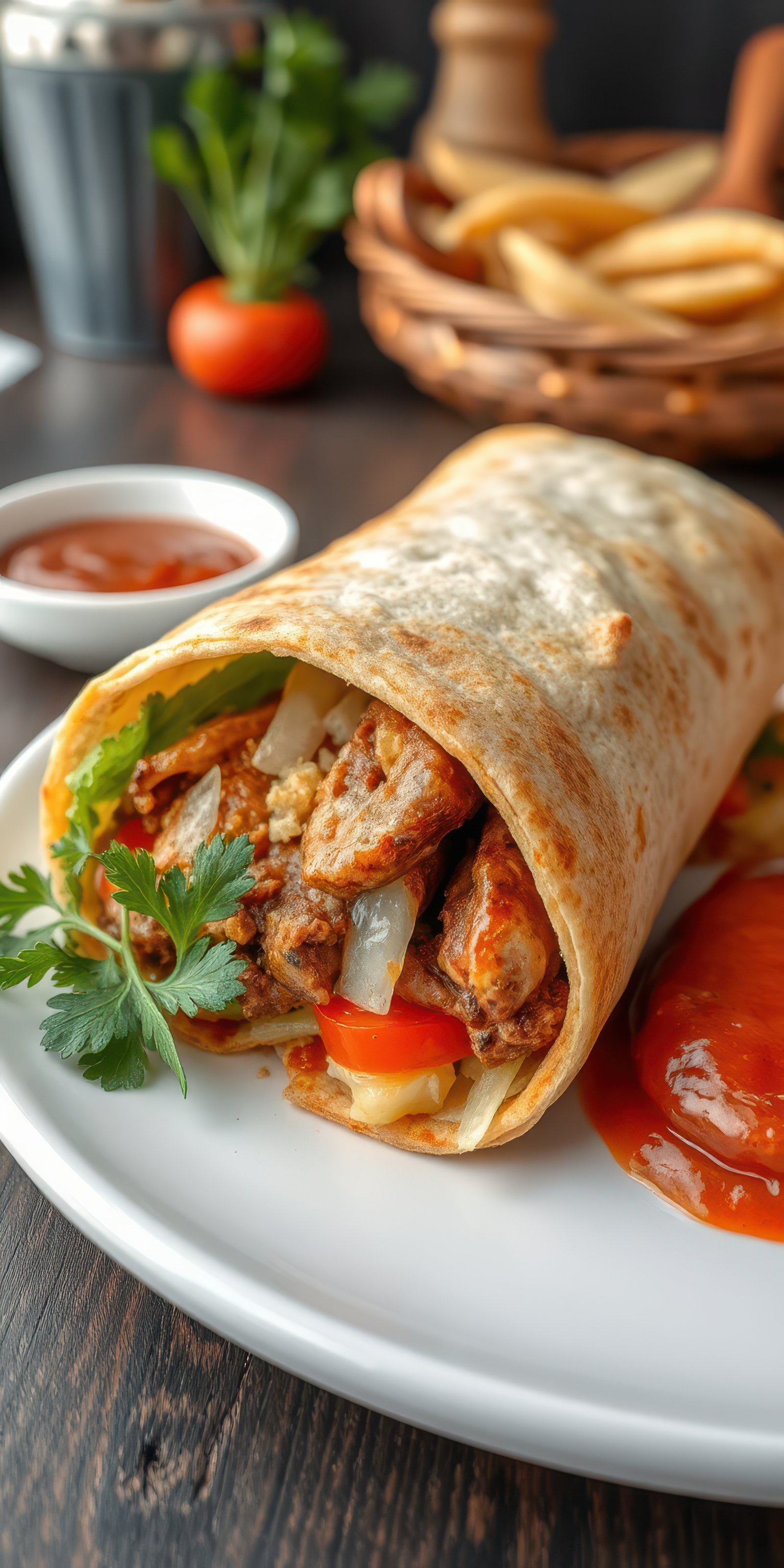 Delicious chicken wrap served with fresh vegetables and tangy sauce at a cozy eatery